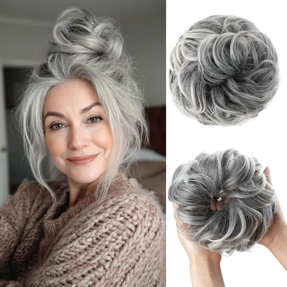 Unisex Gray Salt And Pepper Messy Bun Hair Piece With Wavy Curly Chignon Ponytail Extension For Women