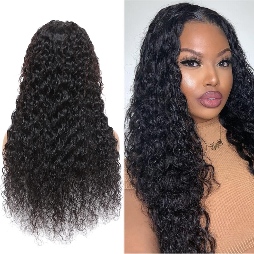 Unisex 28 Inch Brazilian Remy Human Hair Lace Front Wig Pre Plucked 5X5 Closure Natural 1B Color
