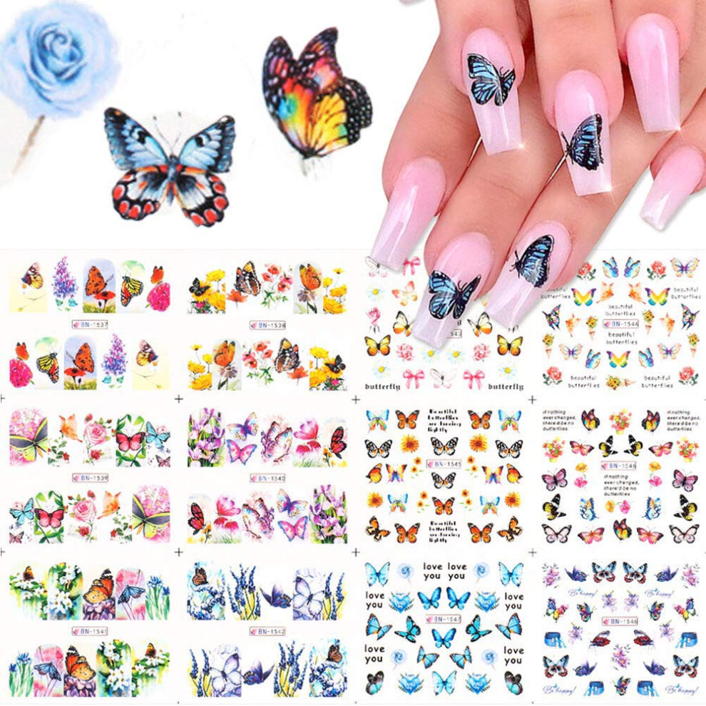Butterfly Nail Stickers 12 Pcs Set, 3D Holographic Water Transfer Decals for Acrylic Nails
