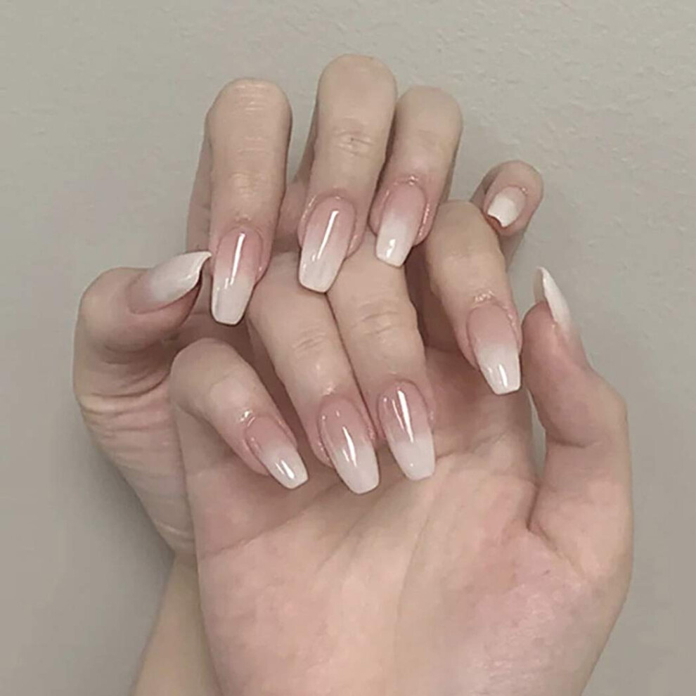 Pink Long Ballerina Press On Nails Glossy Gradient Acrylic Fake Nails Set With Glue Stickers 24Pcs
