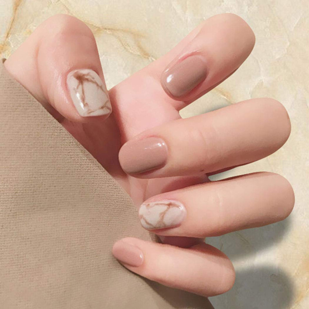 Glossy Khaki Marble Press On Nails Short Square Ombre Acrylic False Nail Set 24pcs for Women