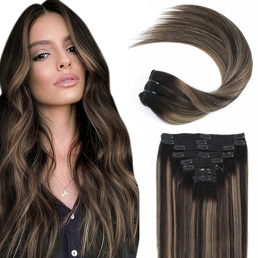 Unisex Black,Brown 24 Inch Human Hair Clip In Extensions 120G 8Pcs Natural Black To Caramel Brown Remy Straight Hair