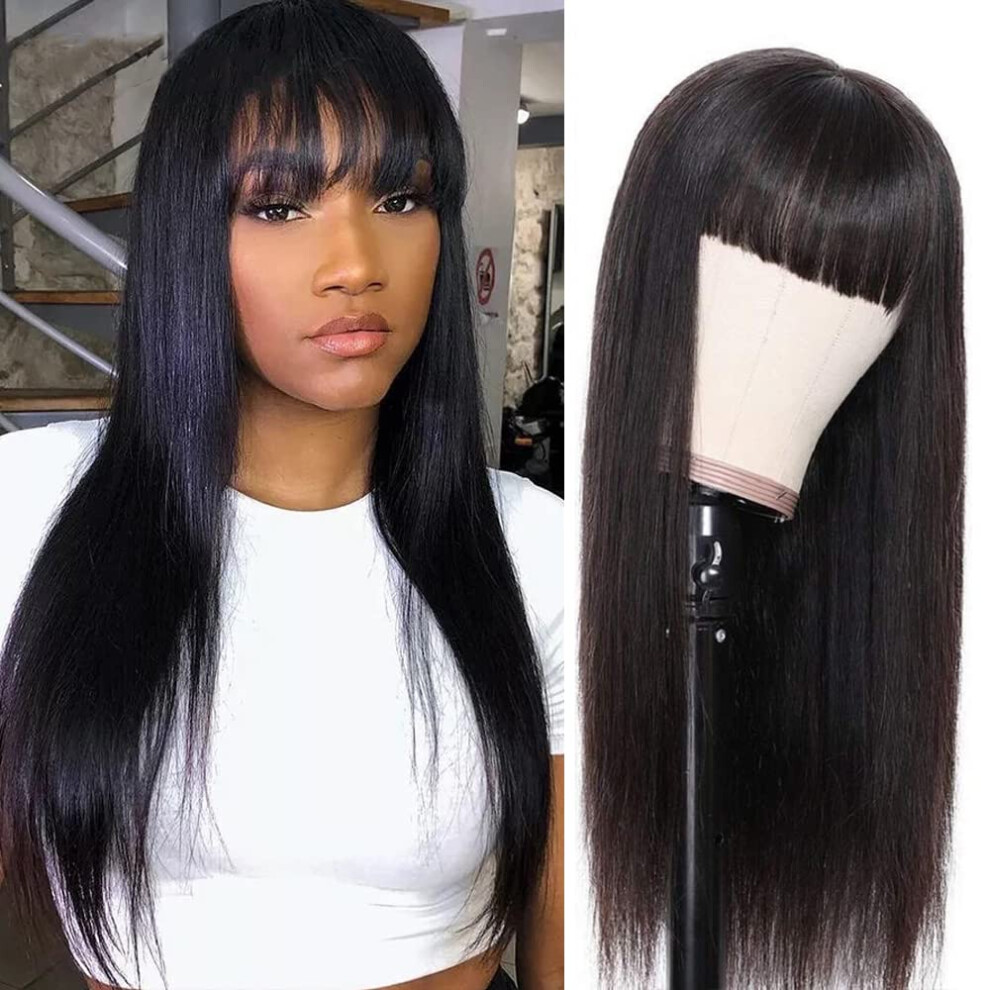 18 Inch Brazilian Virgin Human Hair Wig with Bangs for Black Women, 180 Density No Lace Straight