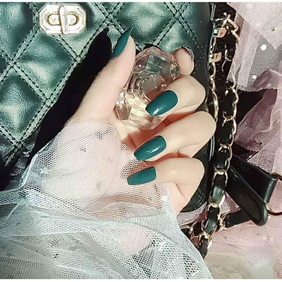 Green Glossy Coffin Press On Nails Set With Nail File, 24Pcs Ballerina Acrylic Full Cover