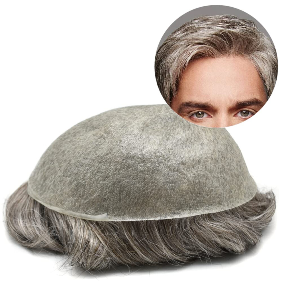 Unisex Brown,Grey Men's Toupee 0.03Mm Ultra Thin Skin Vloop Remy Human Hairpiece 8X10 Medium Light Brown Grey