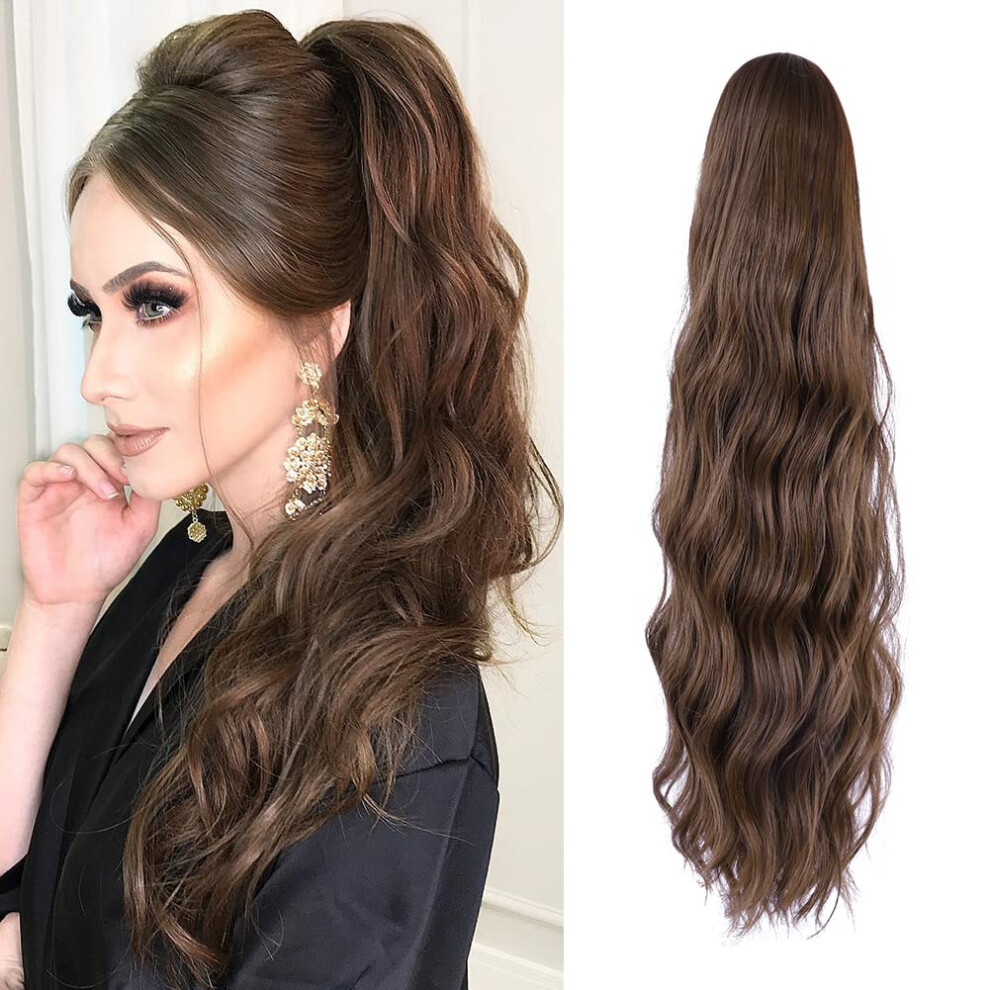20 Inch Body Wave Drawstring Ponytail Hair Extension, TwoTone Brown Synthetic Hairpiece