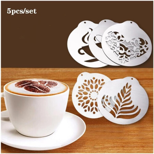 5Pcs Stainless Steel Coffee Stencils Set with Interchangeable Patterns for Latte Art Decorating 2