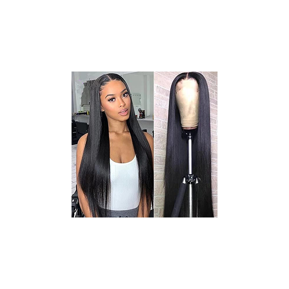 Unisex 30 Inch Straight Brazilian Human Hair Lace Front Wig 4X4 Closure Pre Plucked Natural Hairline