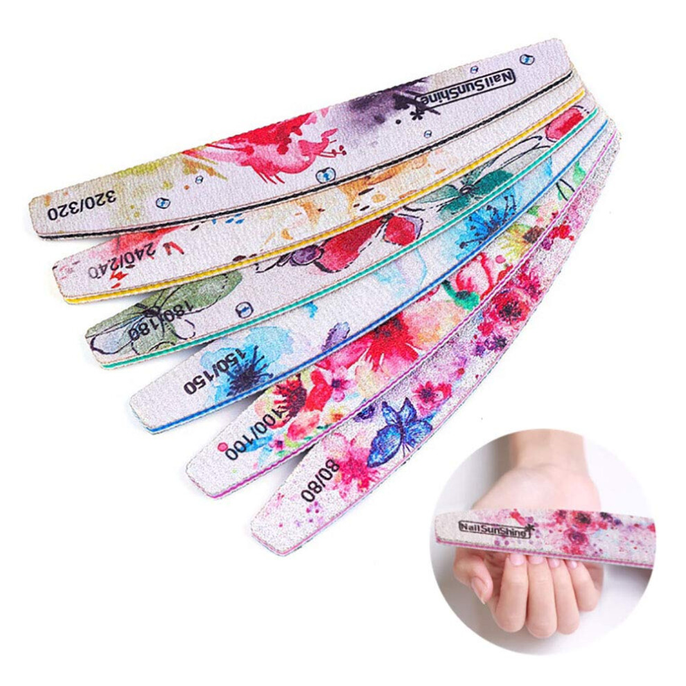 6PCS Colorful DoubleSided Semicircle Nail Files Set, Washable Emery Boards 80320 Grit for Manicure and Pedicure
