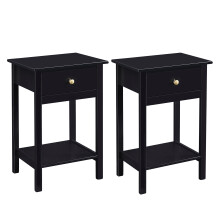 Solid Wooden Bedside Table, Set of 2 Narrow Side End Tables, Modern Narrow Bedroom Nightstand with Open Shelf and Drawer Arlo BLACK