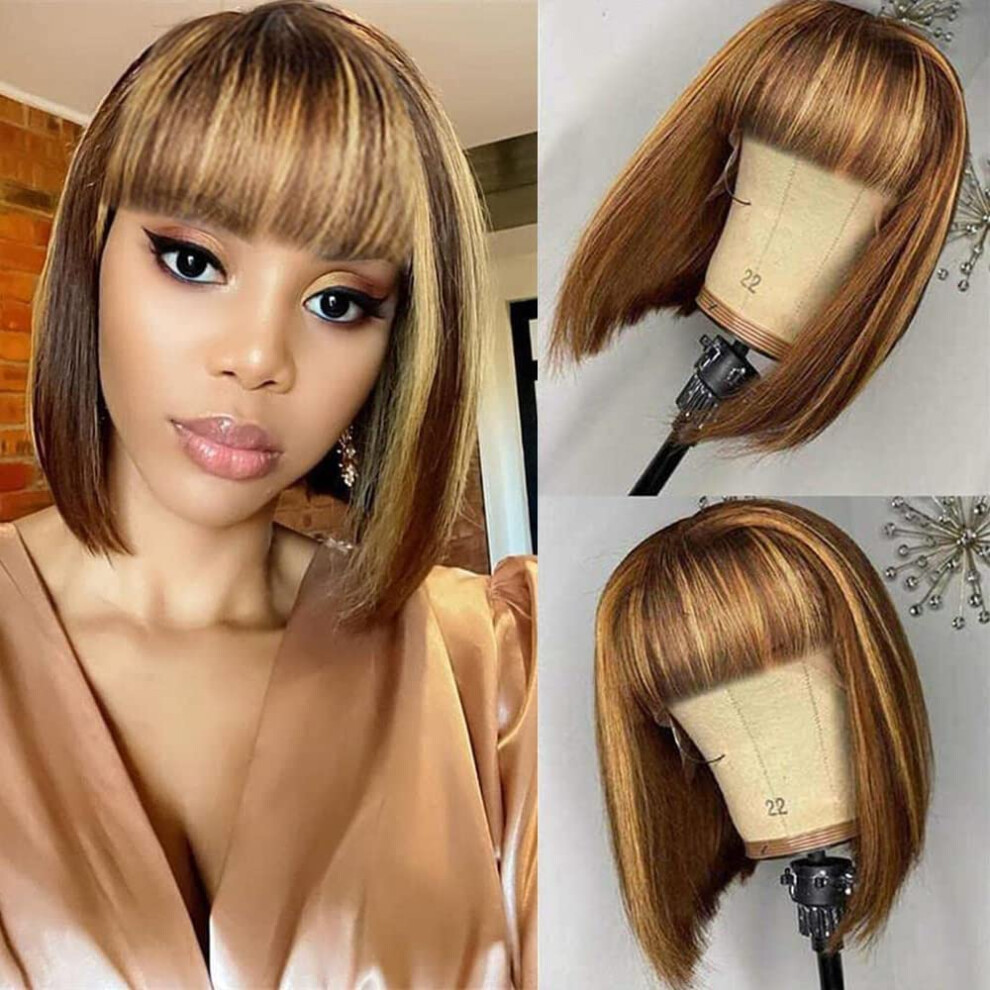 Unisex Black 12 Inch Honey Blonde Highlight Brazilian Human Hair Wig With Bangs For Women Glueless