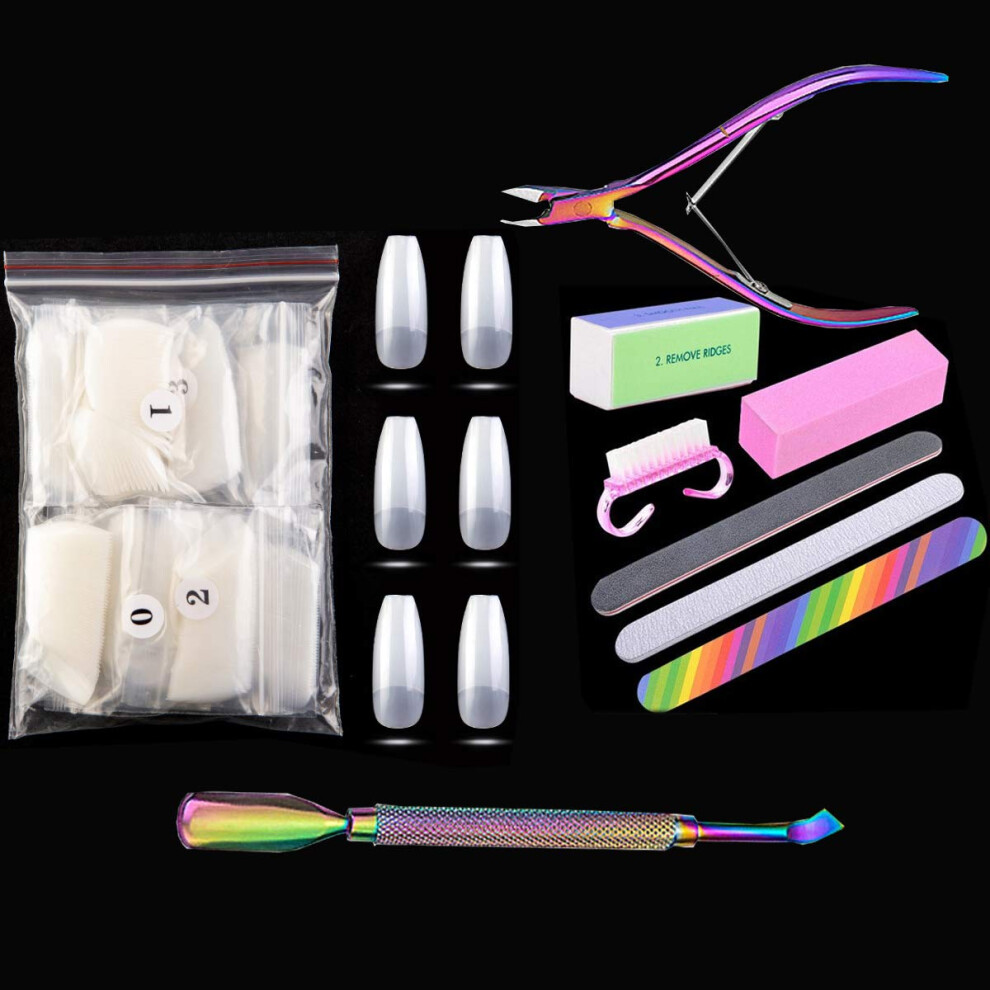 Complete Nail Extension Kit with Artificial Nail Tips, Files, Clippers and Glue for Home Manicure