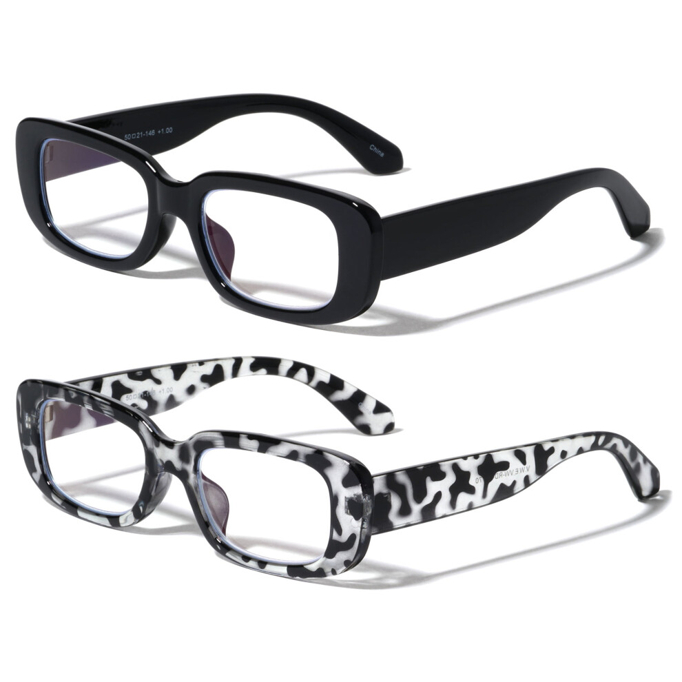 2 Pairs Women Rectangular Blue Light Blocking Reading Glasses Retro Bold Clear Lens Reader +2.00