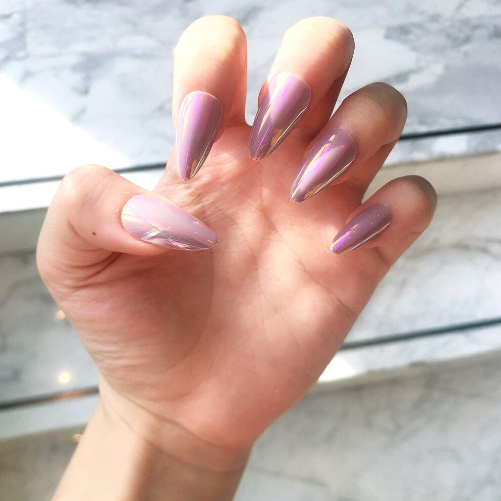 Glossy Nude Stiletto Press on Nails Set, Medium Long Almond Shape Fake Nails, 24pcs Reusable Tips