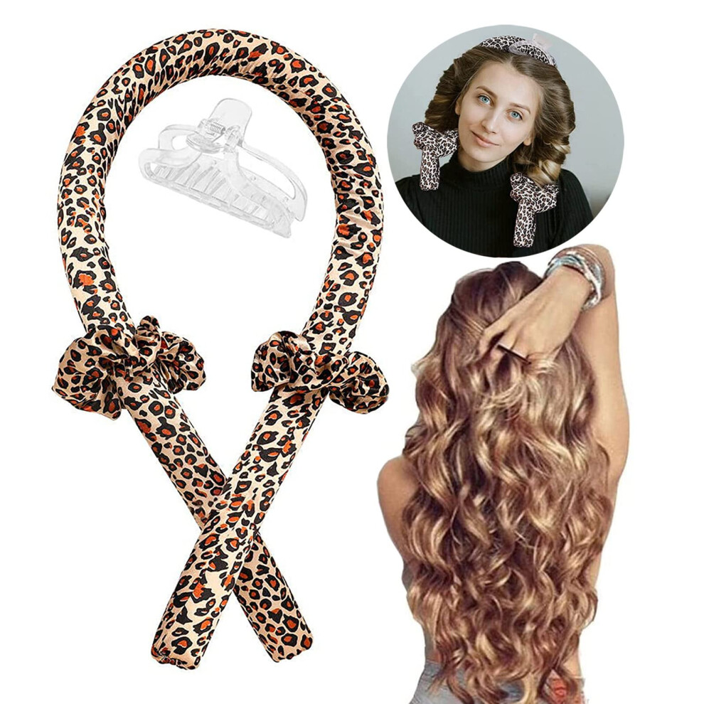 Leopard Heatless Curling Rod Headband Silk Satin No Heat Hair Curlers with Scrunchies for Long Hair