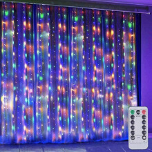 Cortina de luzes LED LINLIN300, 3m x 3m, com fio de cobre e alimentação USB, controle remoto e 8 modos de iluminação. Ideal para decoração de
