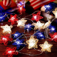 ICQOVD Independence Day String Lights Decorations Rattan Stars Patriotic Lights Battery Operated LED String Lights Outdoor Light For Memorial Day