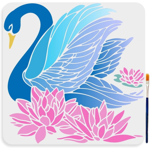 Estêncil de Cisne e Flor de Lótus 30x30cm (11,8x11,8 polegadas) com Pincel Incluso