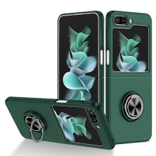 Cás Cosanta Caol Teileafóin le Seasamh atá comhoiriúnach le Samsung Galaxy Z Flip6 le Sealbhóir Fáinne Méar Glas Dorcha