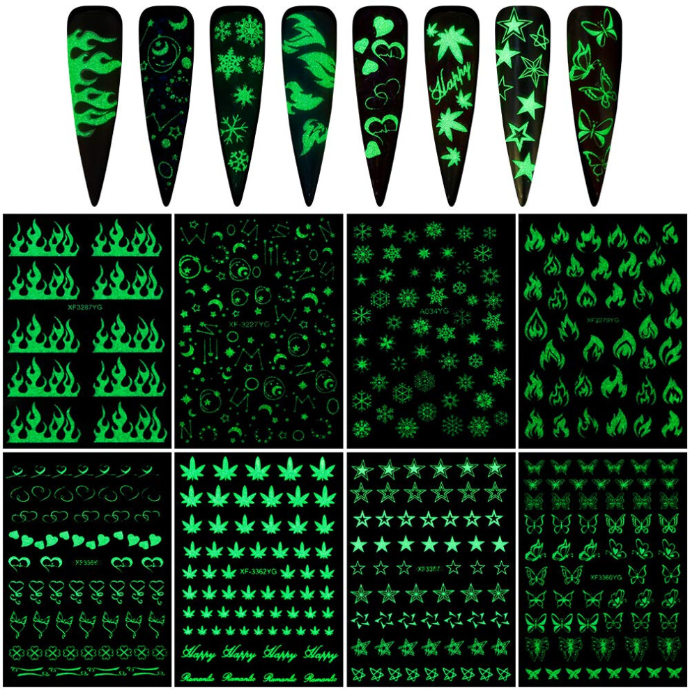 Glow in the Dark 3D Butterfly Nail Stickers Mixed Colors Decals for Acrylic and Gel Nails 8PCS