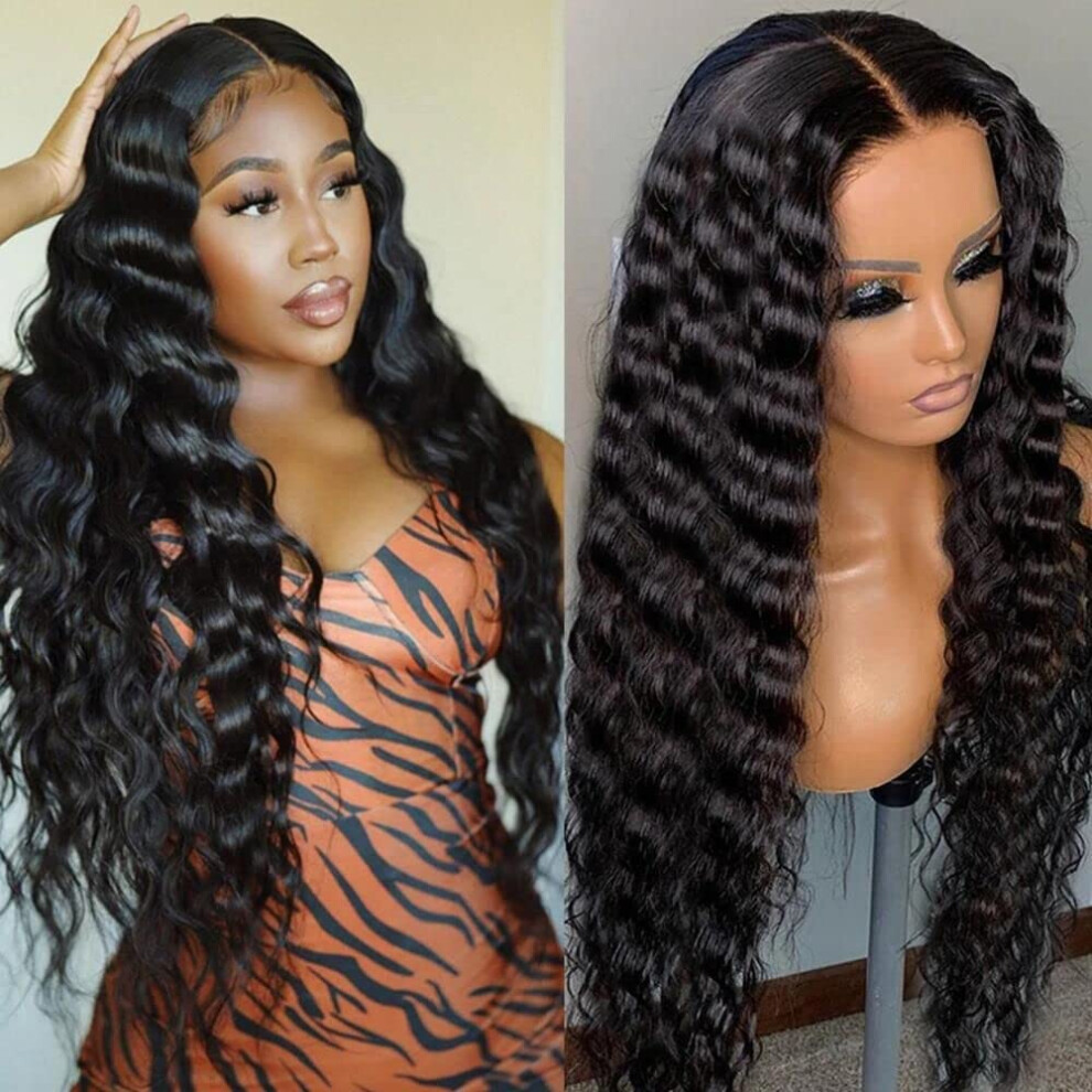 Unisex Human Hair Lace Front Wig 13X4 Transparent Brazilian Loose Deep Wave, Pre Plucked, Bleached Knots