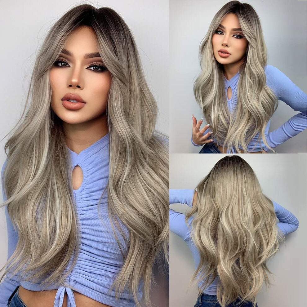 Ash Blonde Long Wavy Wig with Bangs, 26 Inch Synthetic Hair with Dark Roots, Middle Part for Women