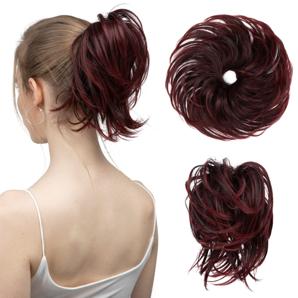 Unisex Red Messy Hair Bun Extension Burgundy With Tips, Curly Synthetic Updo Scrunchie For Women