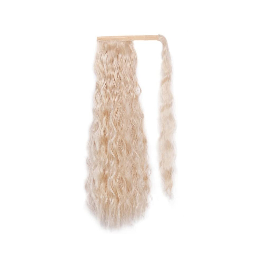 Unisex Ponytail Hair Extensions 22 Inch Long Wavy Wrap Around Clip In For Women Ash Blonde Mix Bleach Blonde