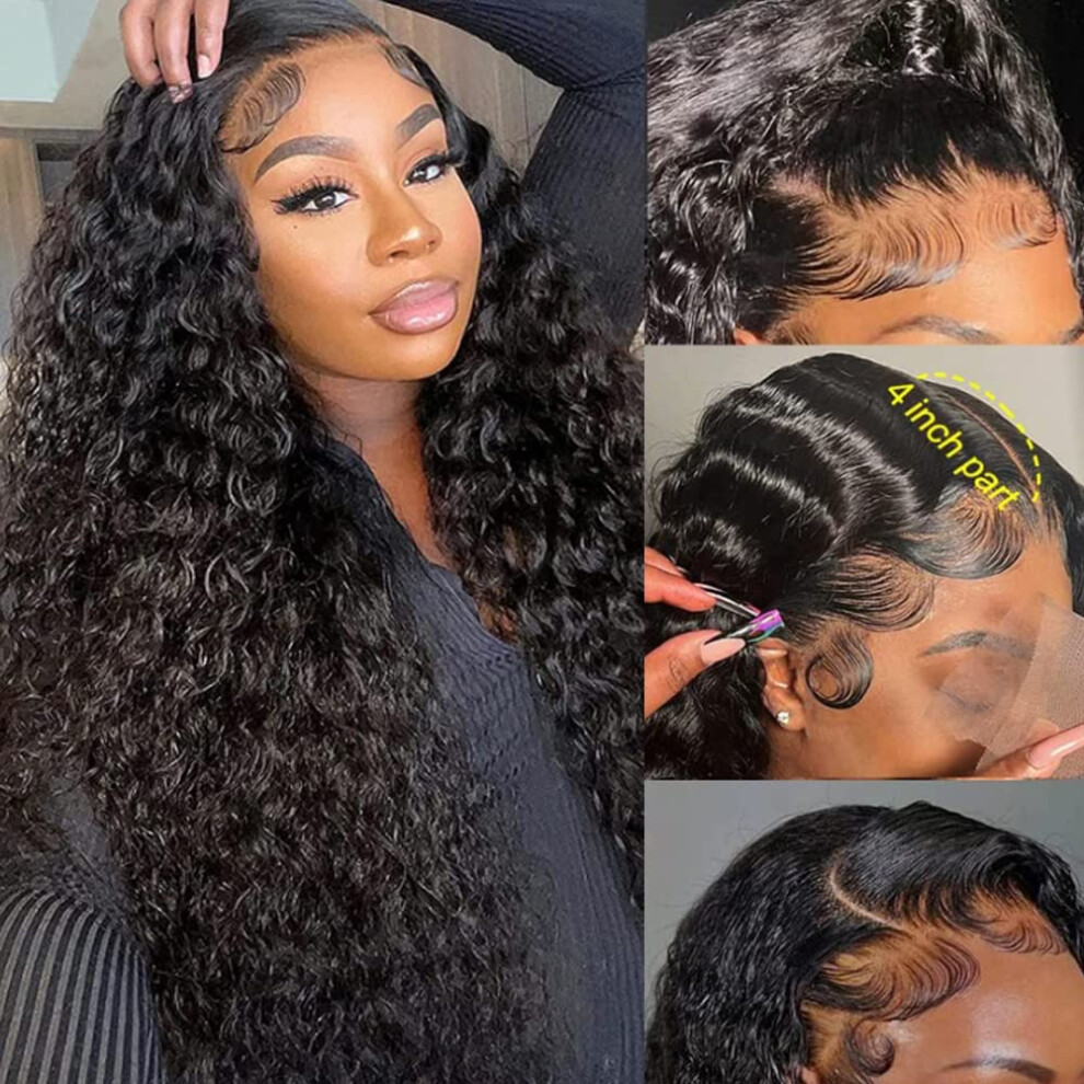 Unisex Water Wave Lace Front Wig 13X4 Hd Brazilian Human Hair, Glueless Pre Plucked With Baby Hair