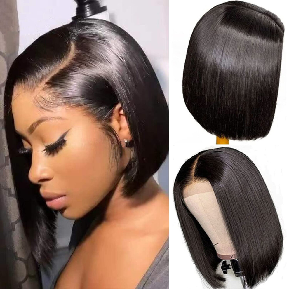 Unisex Black 8 Inch Short Bob Wig Human Hair 4X4 Lace Closure Pre Plucked Brazilian Virgin Hair For Women
