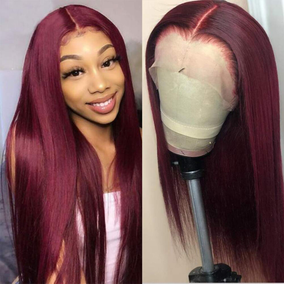 99J Burgundy Human Hair Lace Front Wig 13x6 PrePlucked Silk Straight 150% Density 14 Inch