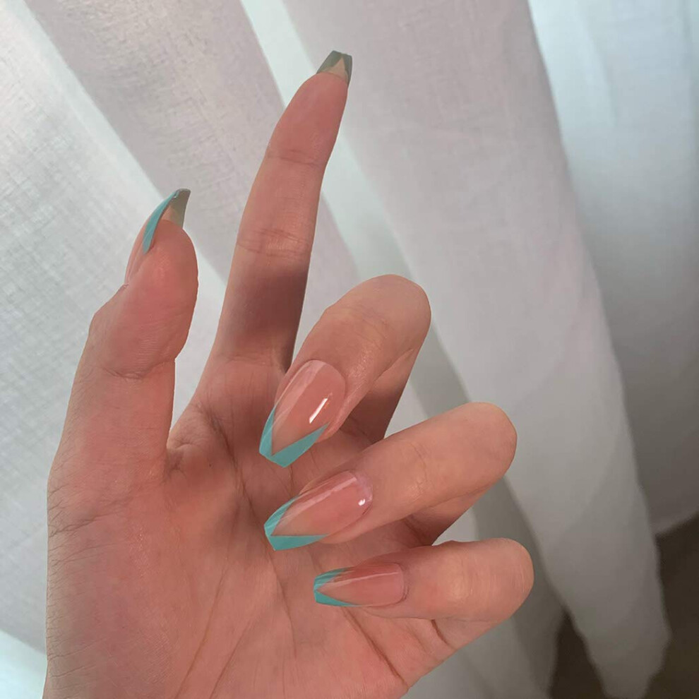 Green,Cream French Nude Coffin Press On Nails With Green Gloss, Long Ballerina Fake Nails Set 24Pcs