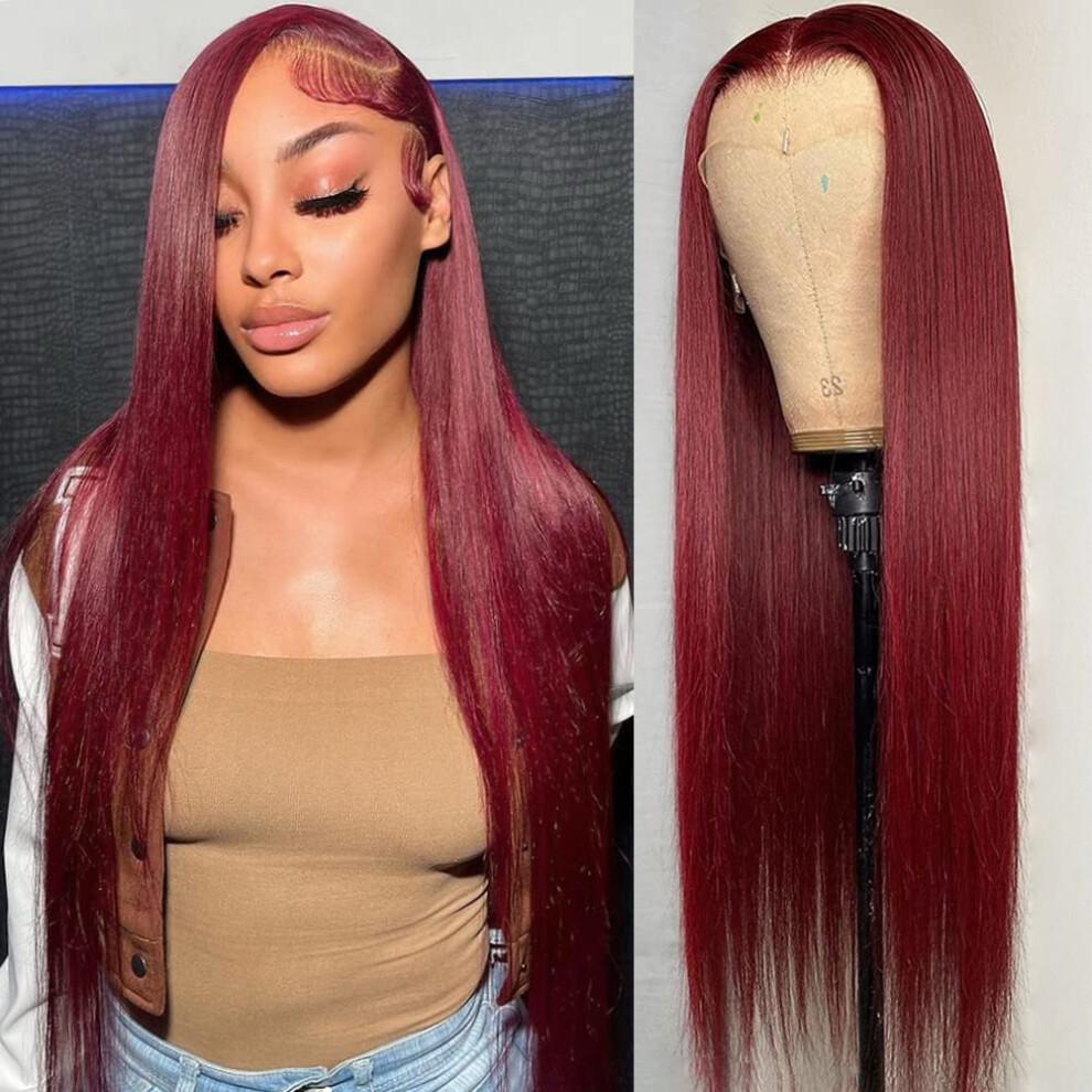 Unisex Black,Red 14 Inch 99J Burgundy Lace Front Wig Human Hair Pre Plucked Bleached Knots For Black Women