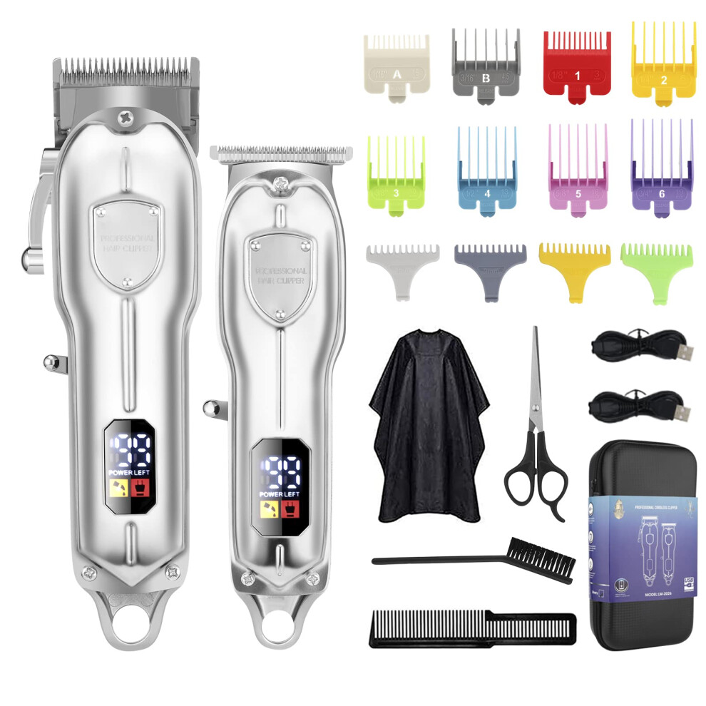 Silver Cordless Hair Clippers For Men And Professional Beard Trimmer Kit With Lcd Display