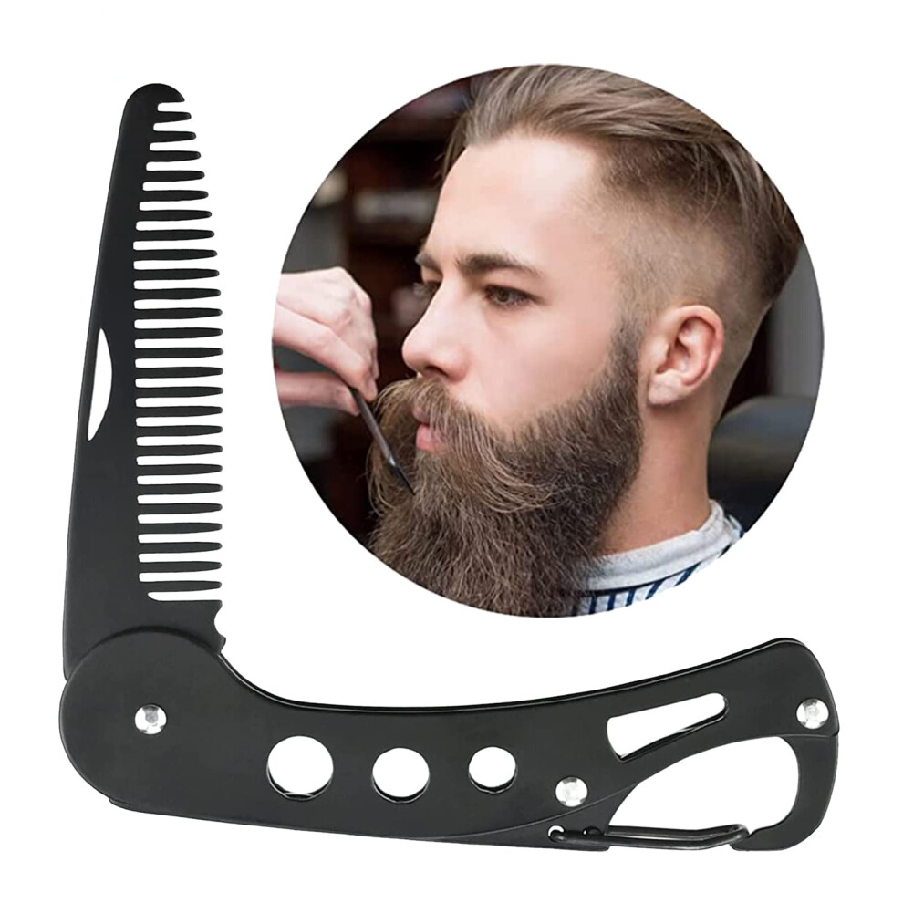 Folding Beard and Mustache Comb Stainless Steel Pocket Grooming Tool with Bottle Opener Black