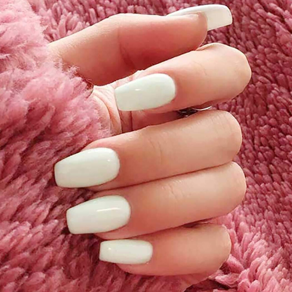 White Glossy Long Coffin Press On Nails Full Cover Acrylic Fake Nails For Women Salon Ready