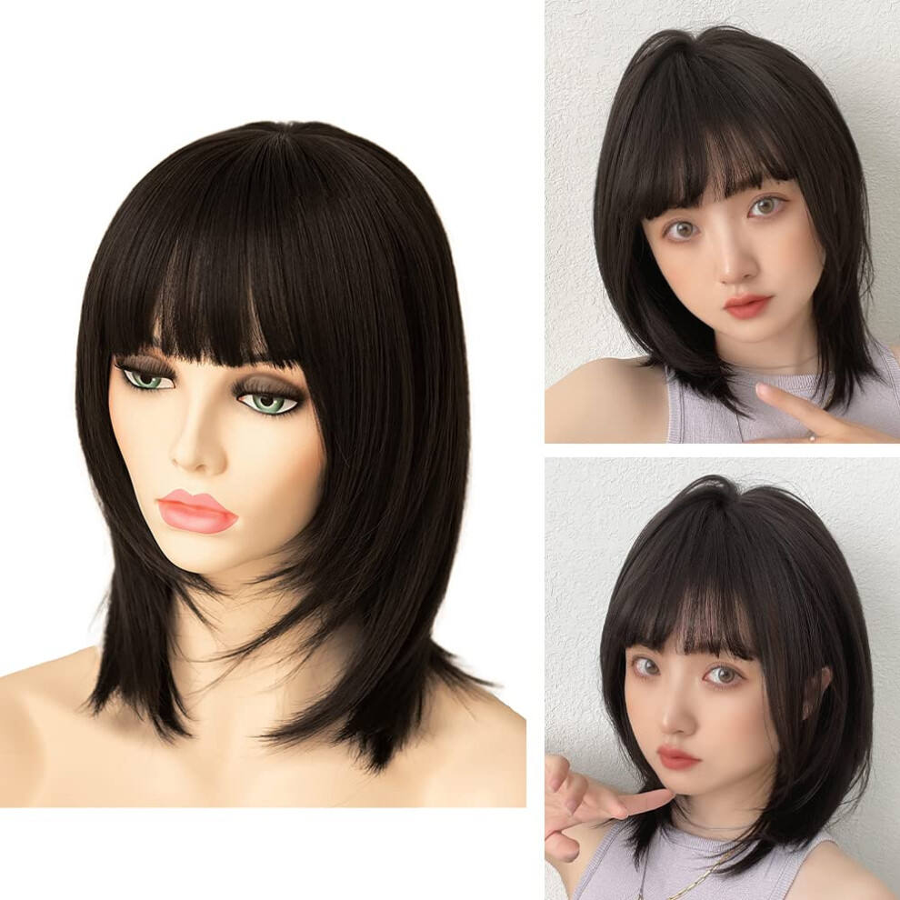 Synthetic Wig for Women Medium Length Straight Hair with Bangs Natural Layered Cut Daily Wear