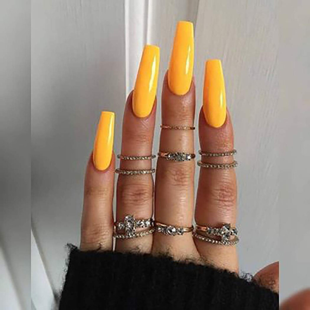 Yellow Extra Long Coffin Press On Nails Glossy Fake Nails Set 24Pcs Ready To Wear No Glue