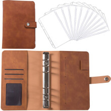WinysinA6 Leather Notebook With 12 Loose-Leaf Zipper Pockets, Bill Change Storage Book