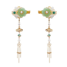 Chinese Bridal Tassel Hairpin Set with Jade and Pearl, Green Kanzashi Style Hair Accessories