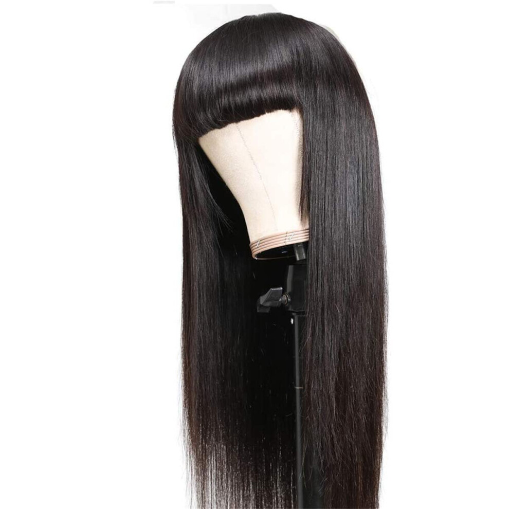 28 Inch Straight Wig with Bangs, 150% Density Brazilian Hair Wig for Women, Heat Resistant