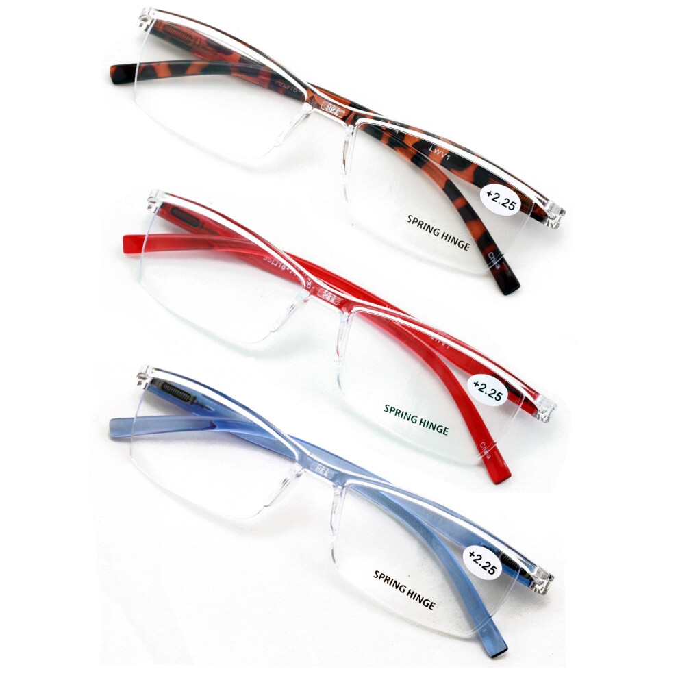 3 Pairs Lightweight Transparent Clear Lens Rectangular Readers with Spring Hinge - Men Women Reading Glasses +4.00