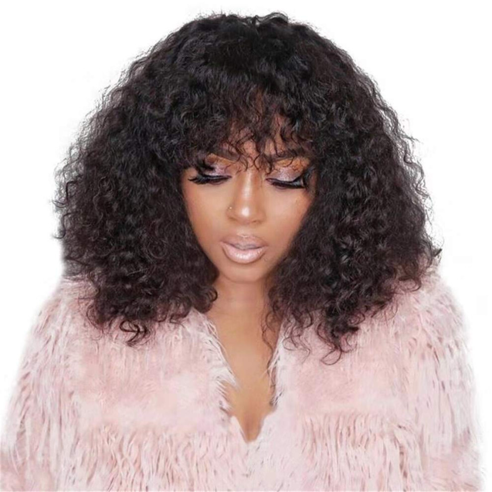 Curly Lace Front Wig 13x4 with Bangs Brazilian Virgin Human Hair Pre Plucked 180 Density 12 Inch