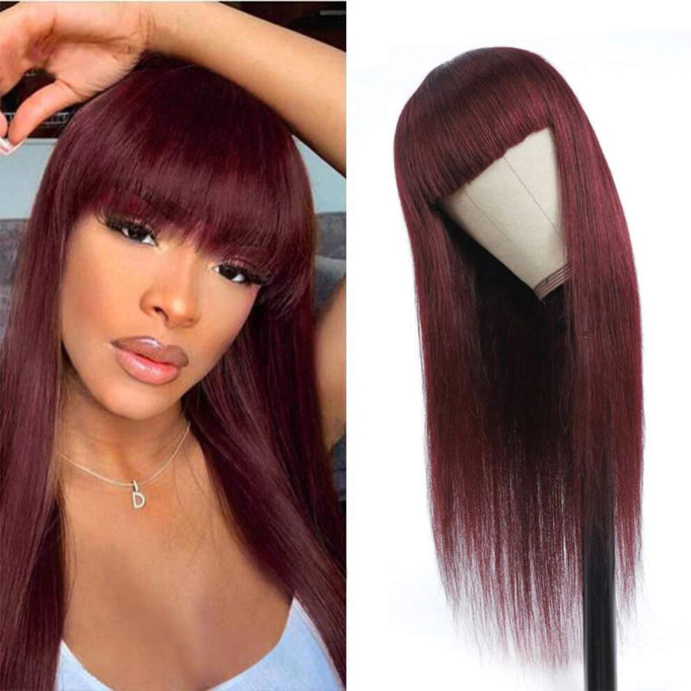 Unisex Black 99J Straight Human Hair Wig With Bangs 20 Inch Brazilian Remy For Women 180% Density
