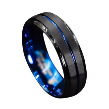 Anel masculino de tungstênio escovado preto de 8 mm com borda em formato de escada e detalhes em azul, ideal para casamentos e presentes para