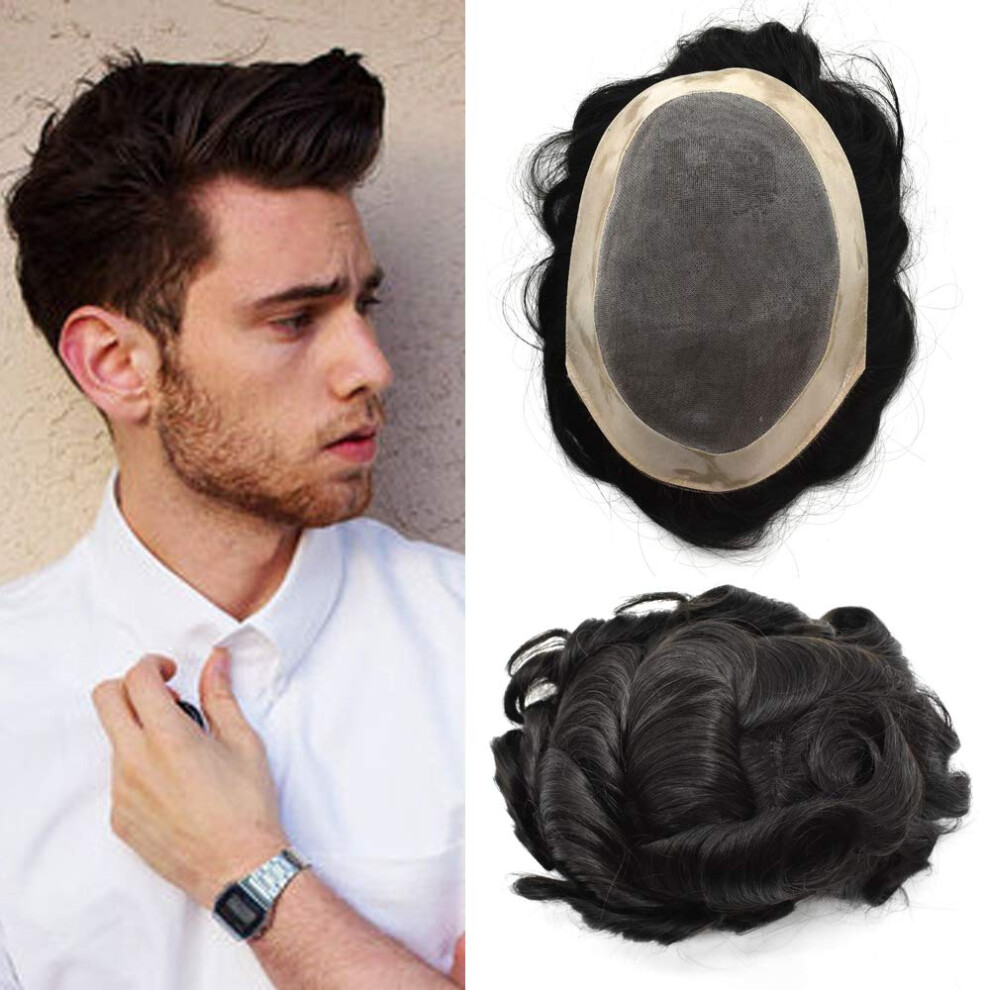 Men's Human Hair Toupee 6x9 Off Black Mono Base Lace Front Natural Hairline Medium Density