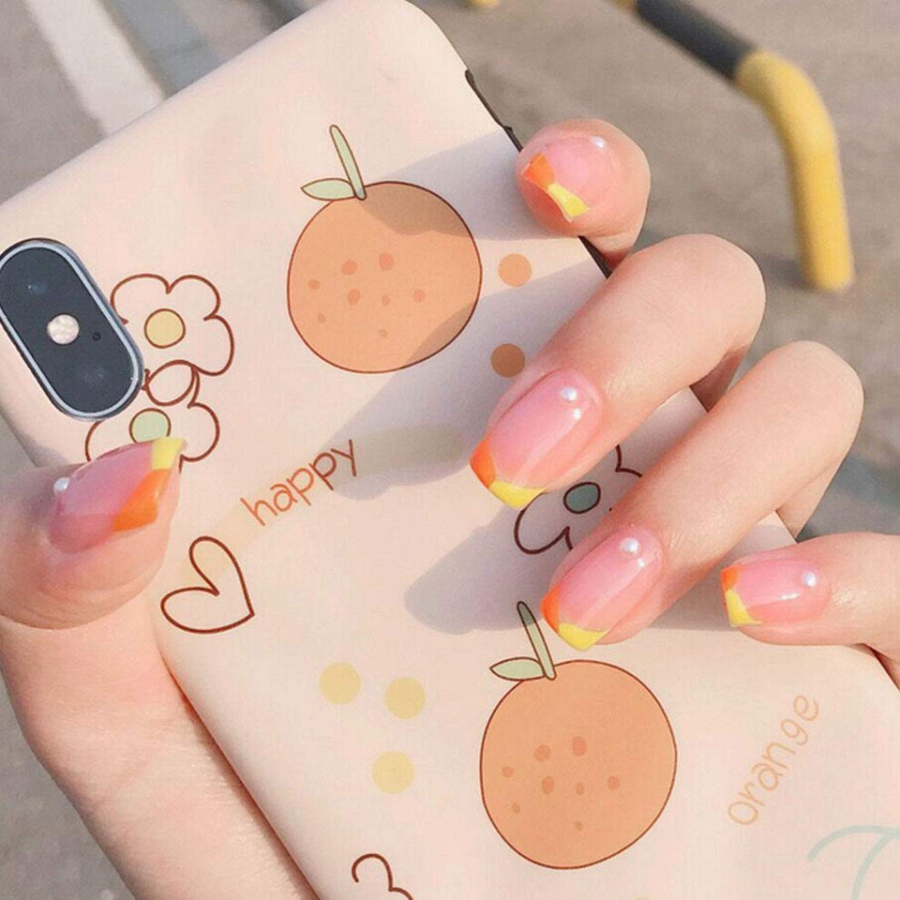 White Yellow Short Press On Nails Pearl Glossy Full Cover Acrylic Fake Nails With Jelly Glue 24Pcs