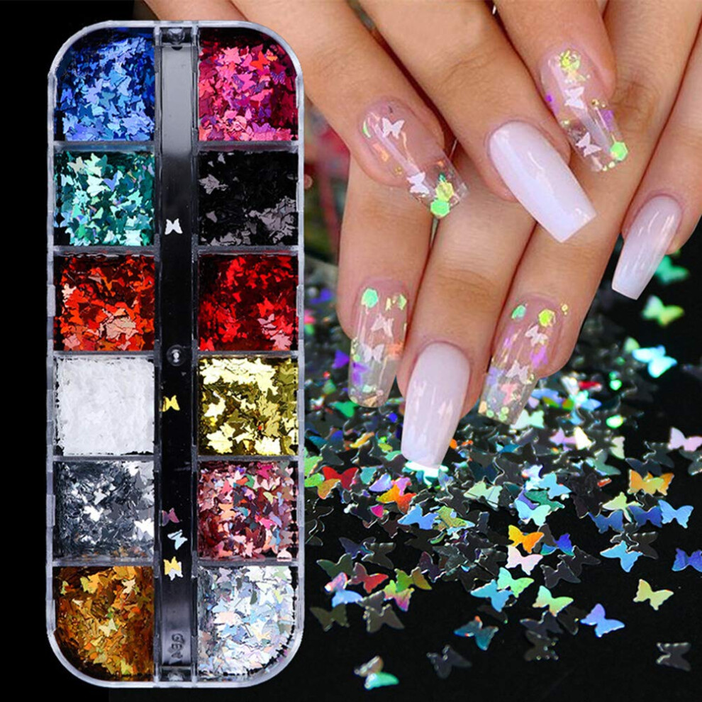 Butterfly Nail Glitter 12 Colors Holographic Nail Art Decorations Kit for Manicure and DIY