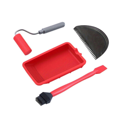 (4PCS,Red)Paint Roller Tray Kit Wall Decor Hand Tool Washable Wood Glue Applicator Kit 3PCS