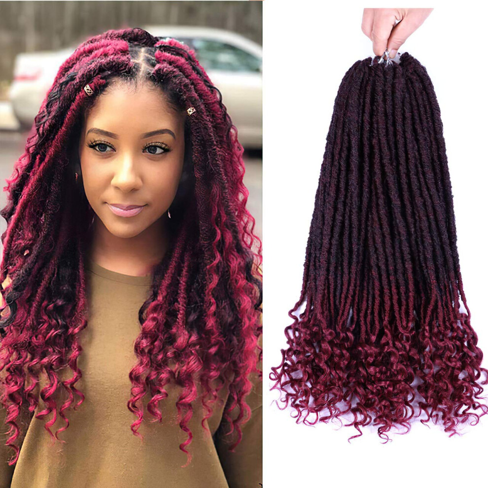 Unisex Goddess Locs Crochet Hair Straight With Curly Ends 12 Inch Pre Looped Faux Locs Extensions 1B/Burg